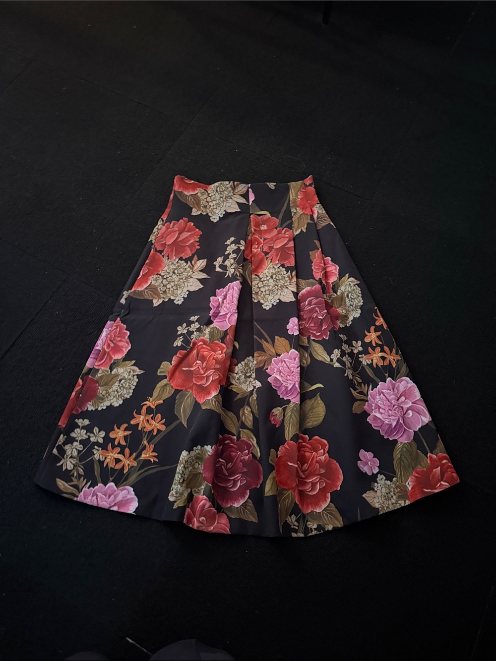 Floral A-Line Midi Skirt in Black with Red & Pink Blooms